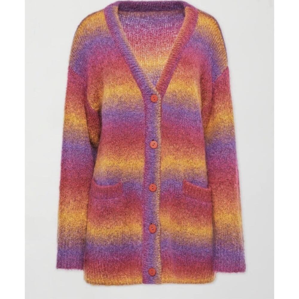 Carbon38 Ombre Cardigan M Pink Purple Yellow Mohair Merino Wool Blend